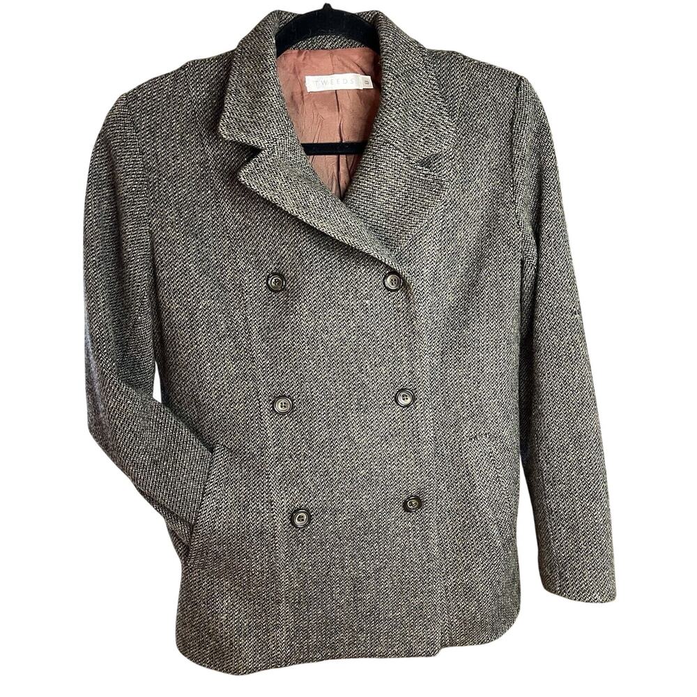 Vintage 1990’s Tweeds Women’s Gray/Brown/Black Wool Double Breasted Jacket, Sz 8